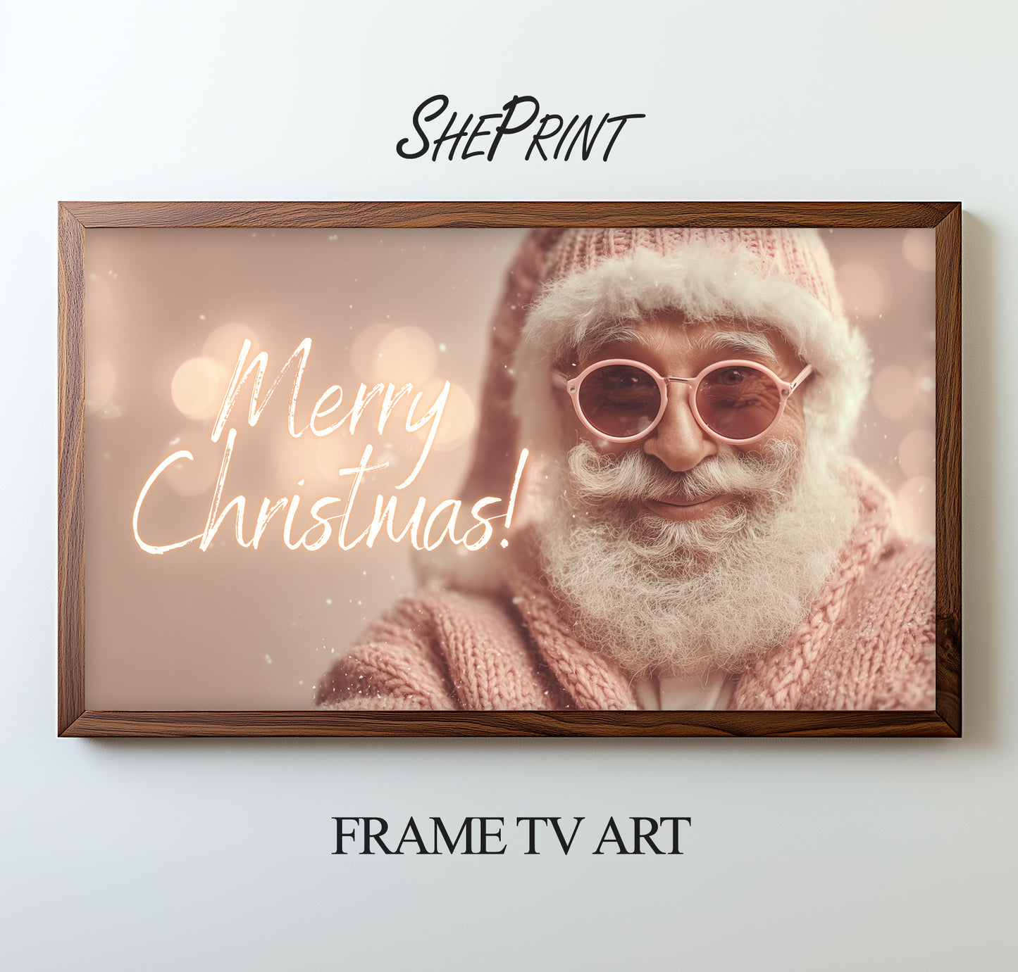 Merry Christmas Pink Santa Frame TV Art preview with dark wooden frame