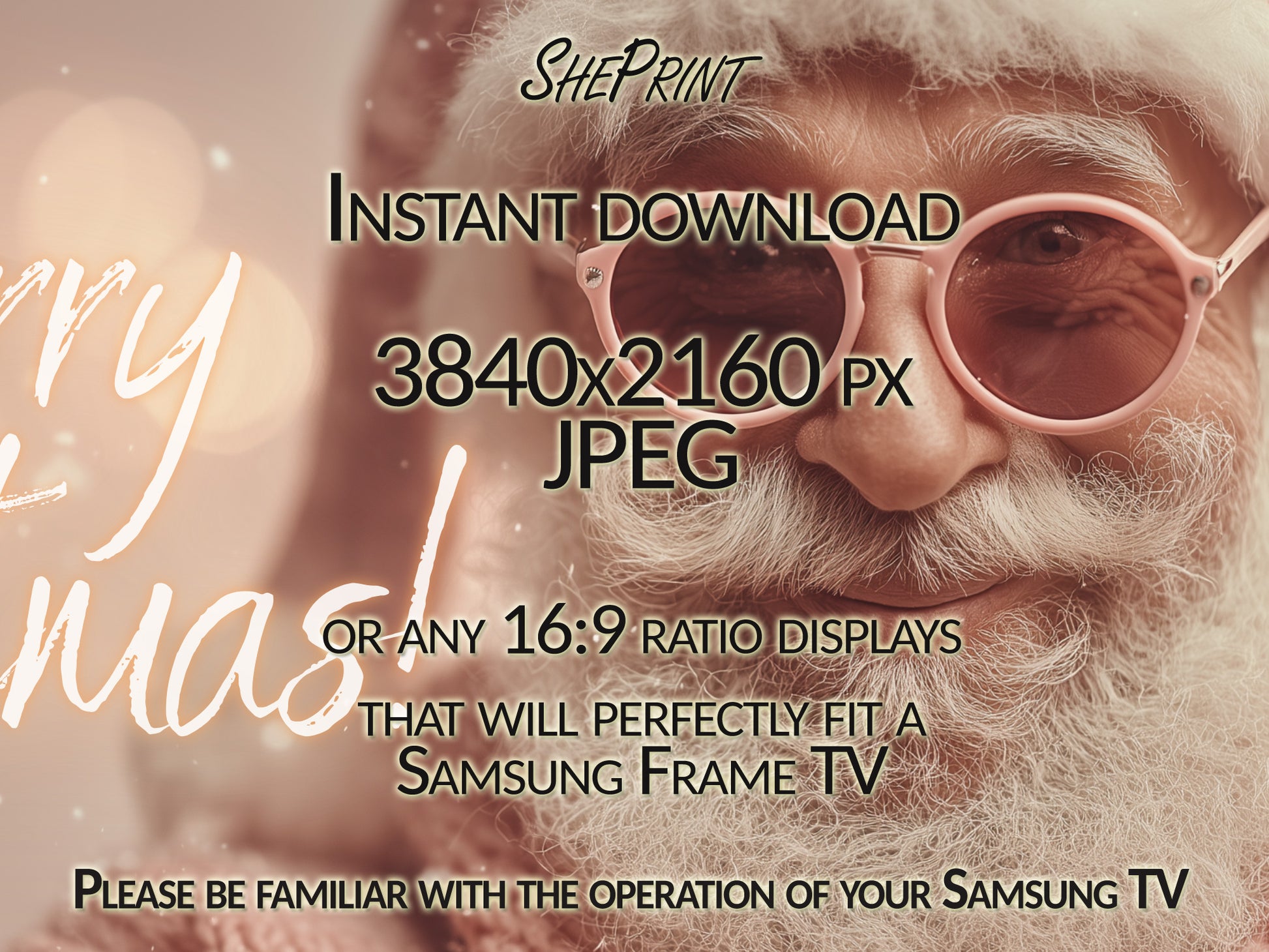 Merry Christmas Pink Santa Frame TV Art preview with light wooden frame close up view