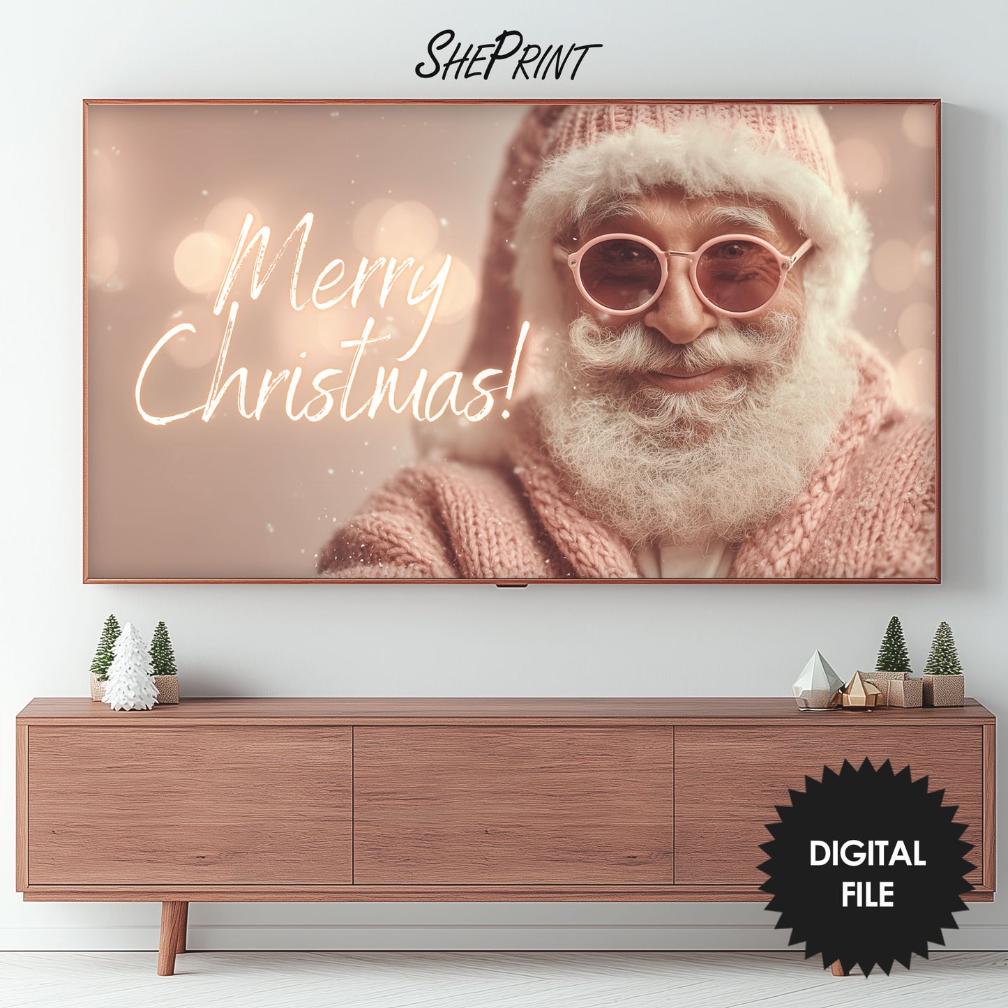Merry Christmas Pink Santa Frame TV Art preview in living room