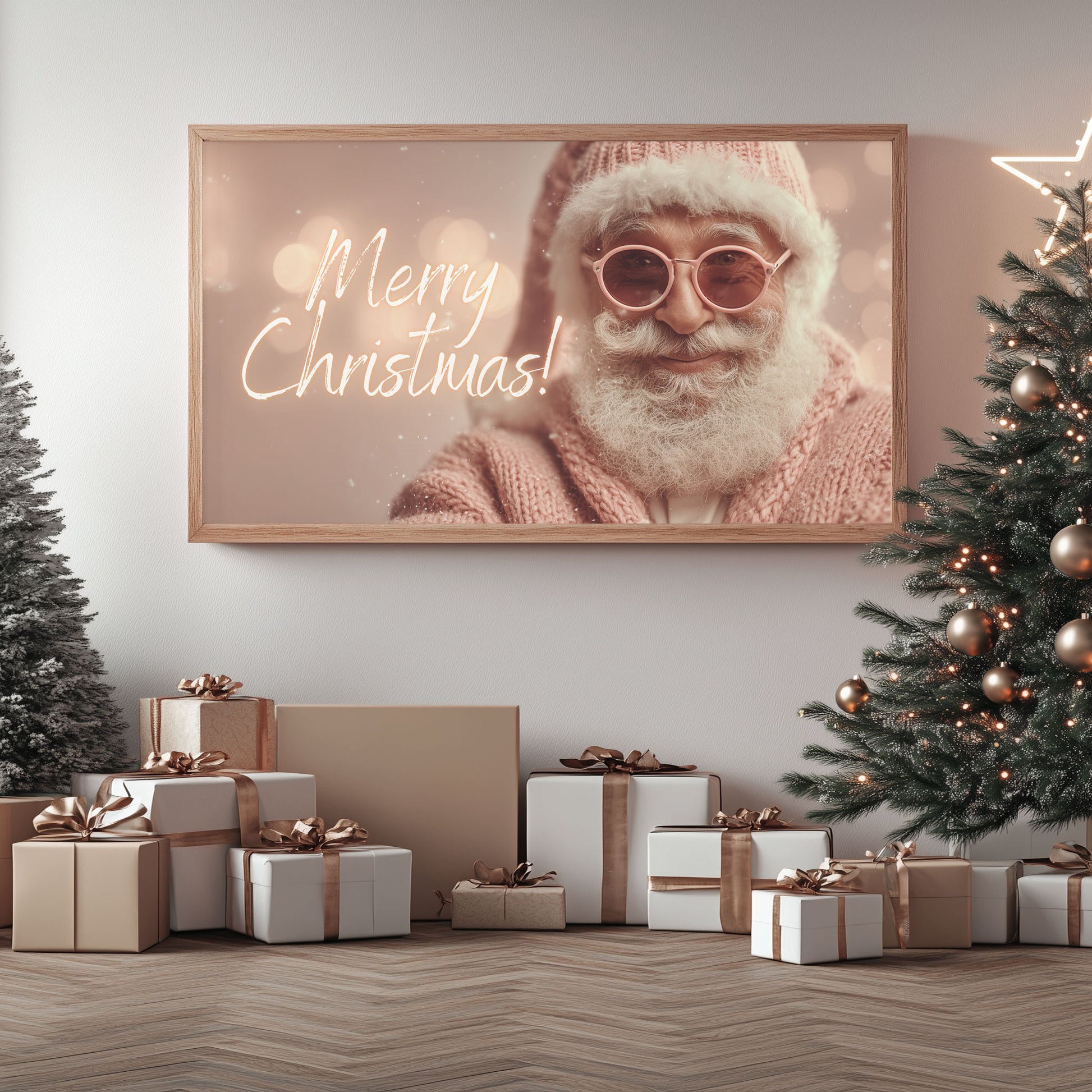 Merry Christmas Pink Santa Frame TV Art preview in Christmas ambience