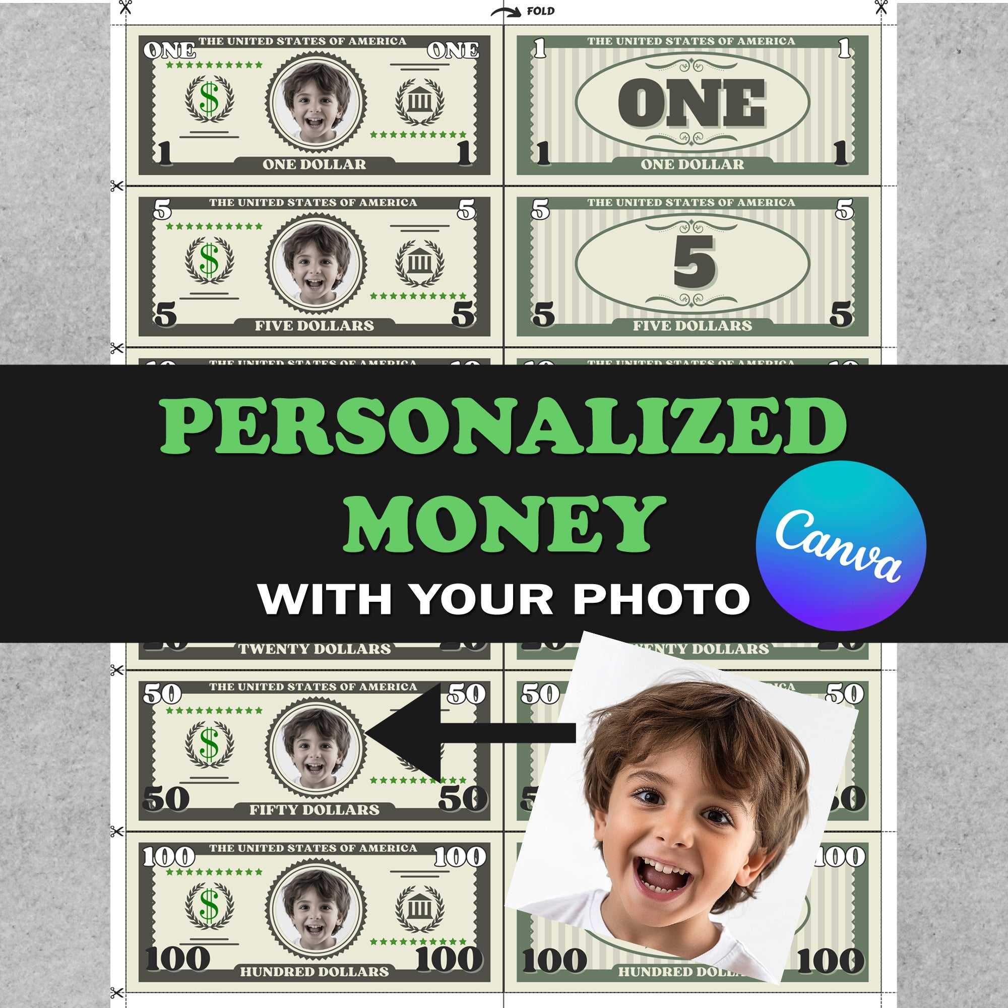 editable personalized play money template for kids, custom dollar bills  with your photo, for canva users, printable pdf that fits letter/a4