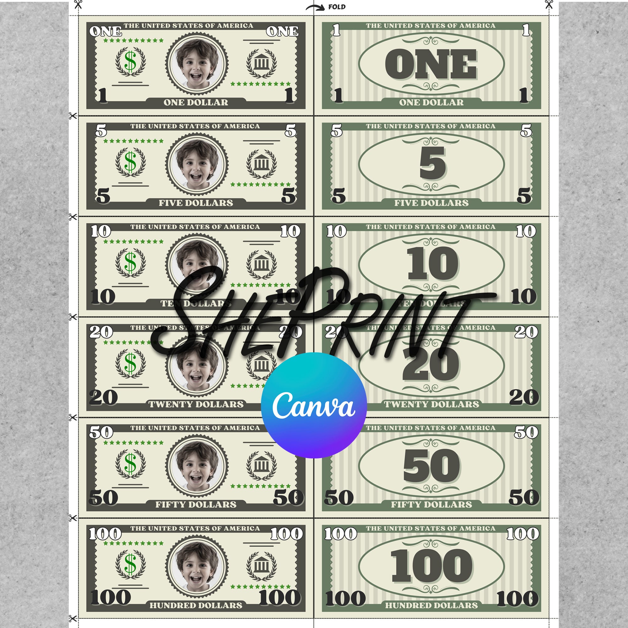 Editable Personalized Play Money Template For Kids, Custom Dollar Bill