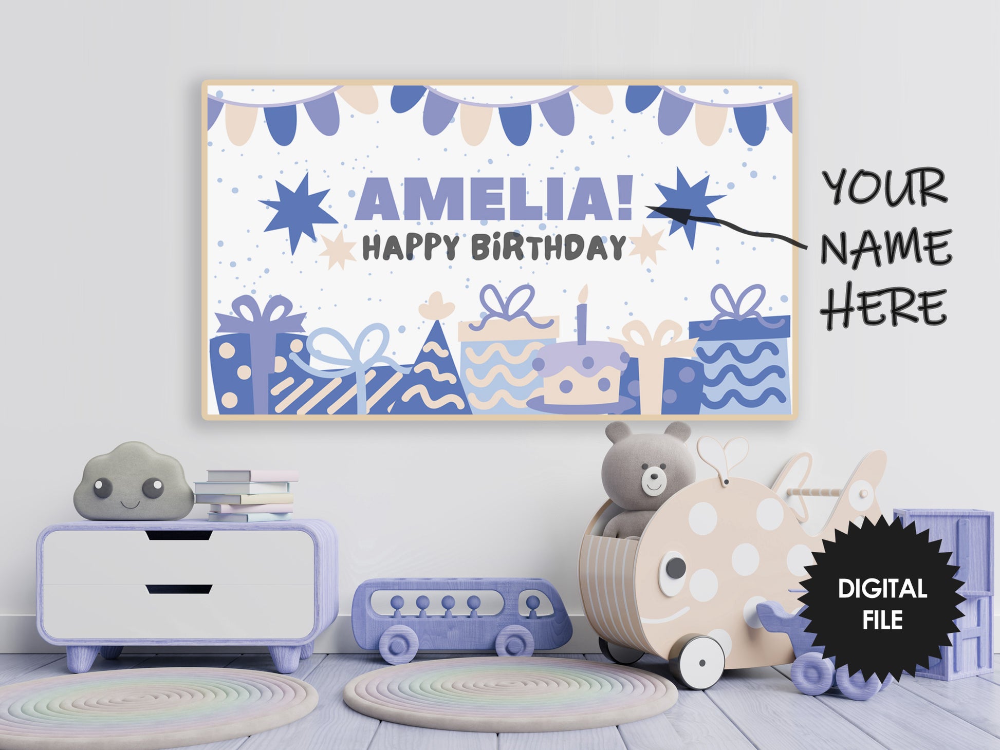Personalized Birthday Samsung Frame TV Art For Kids preview in nursery room