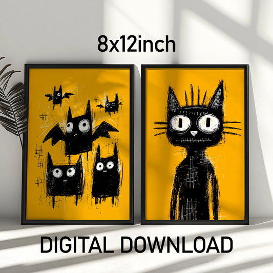 Halloween Wall Art Prints For Kids, Cute Black Cat and Bats, Rough Black Yellow Drawing