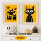 Halloween Wall Art Prints For Kids, Cute Black Cat and Bats, Rough Black Yellow Drawing, Instant Download JPG, Print up to 8"x12"in/20x30cm