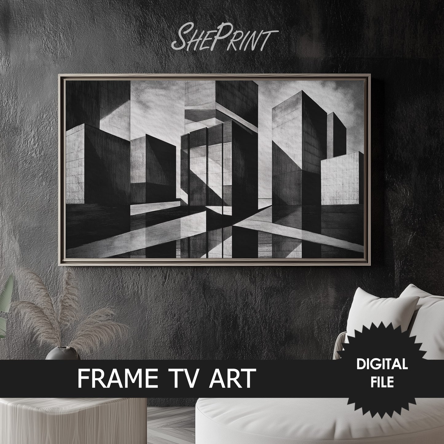 Samsung Frame TV Art, Abstract Town, Black and White TV Art preview in modern living room