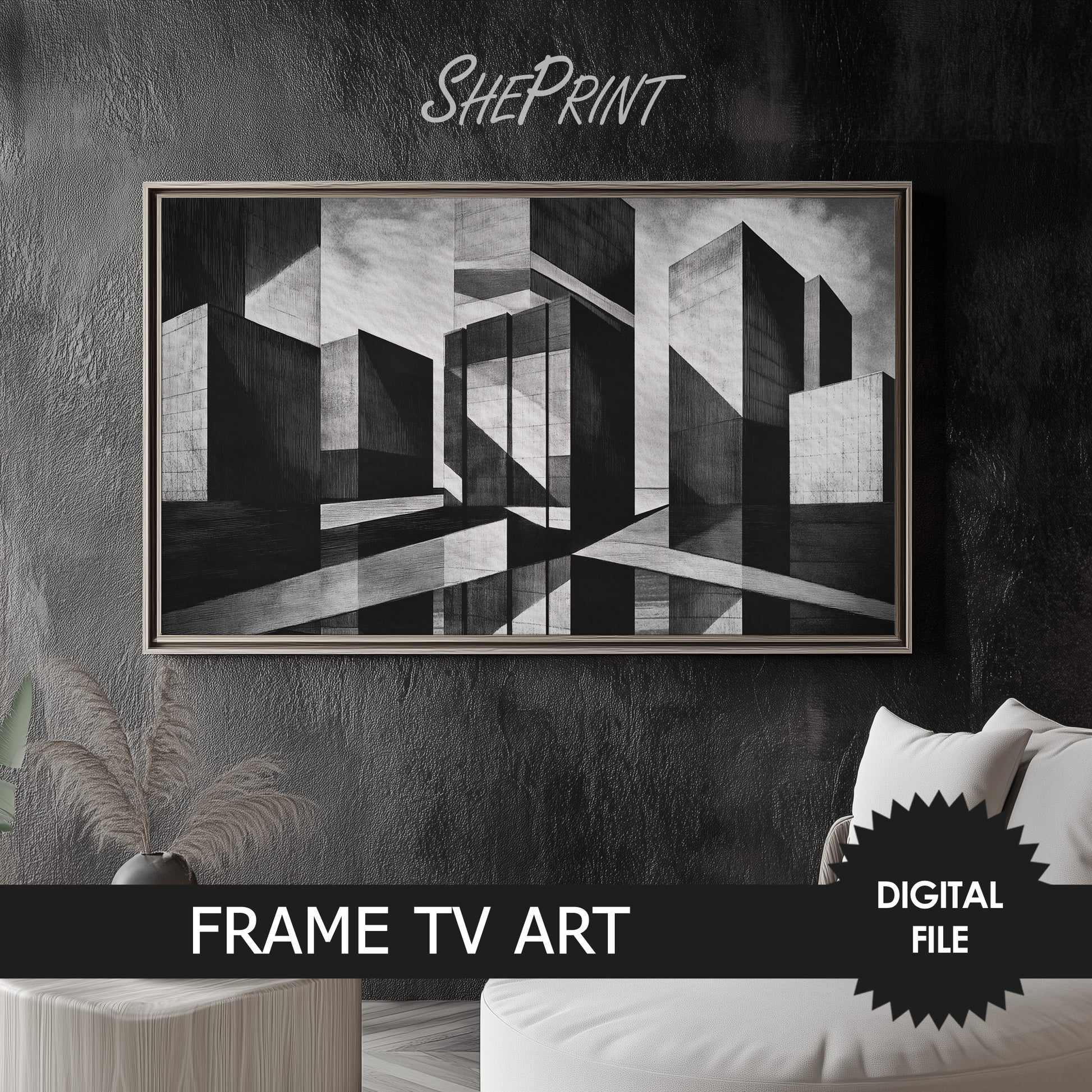 Samsung Frame TV Art, Abstract Town, Black and White TV Art preview in modern living room