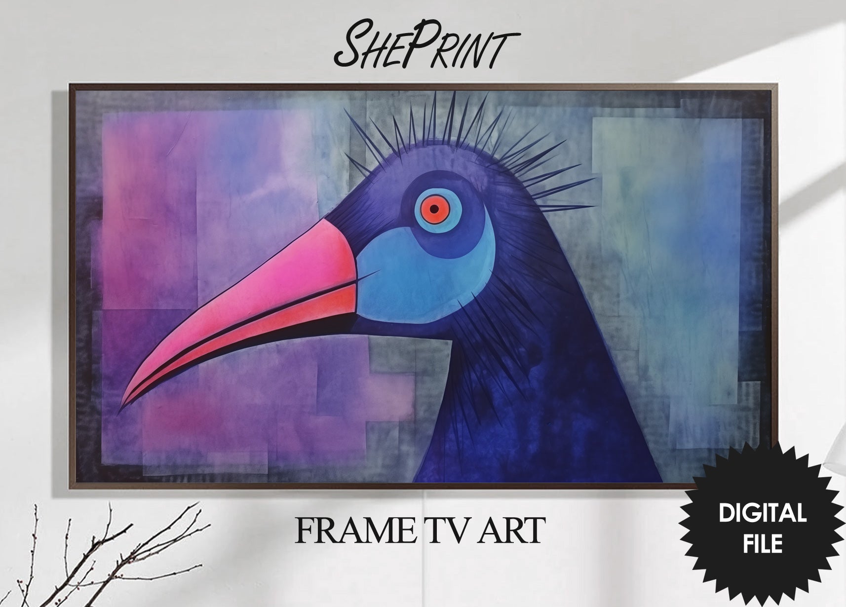 Frame TV Art, Abstract Blue Cassowary Art preview on Samsung Frame TV