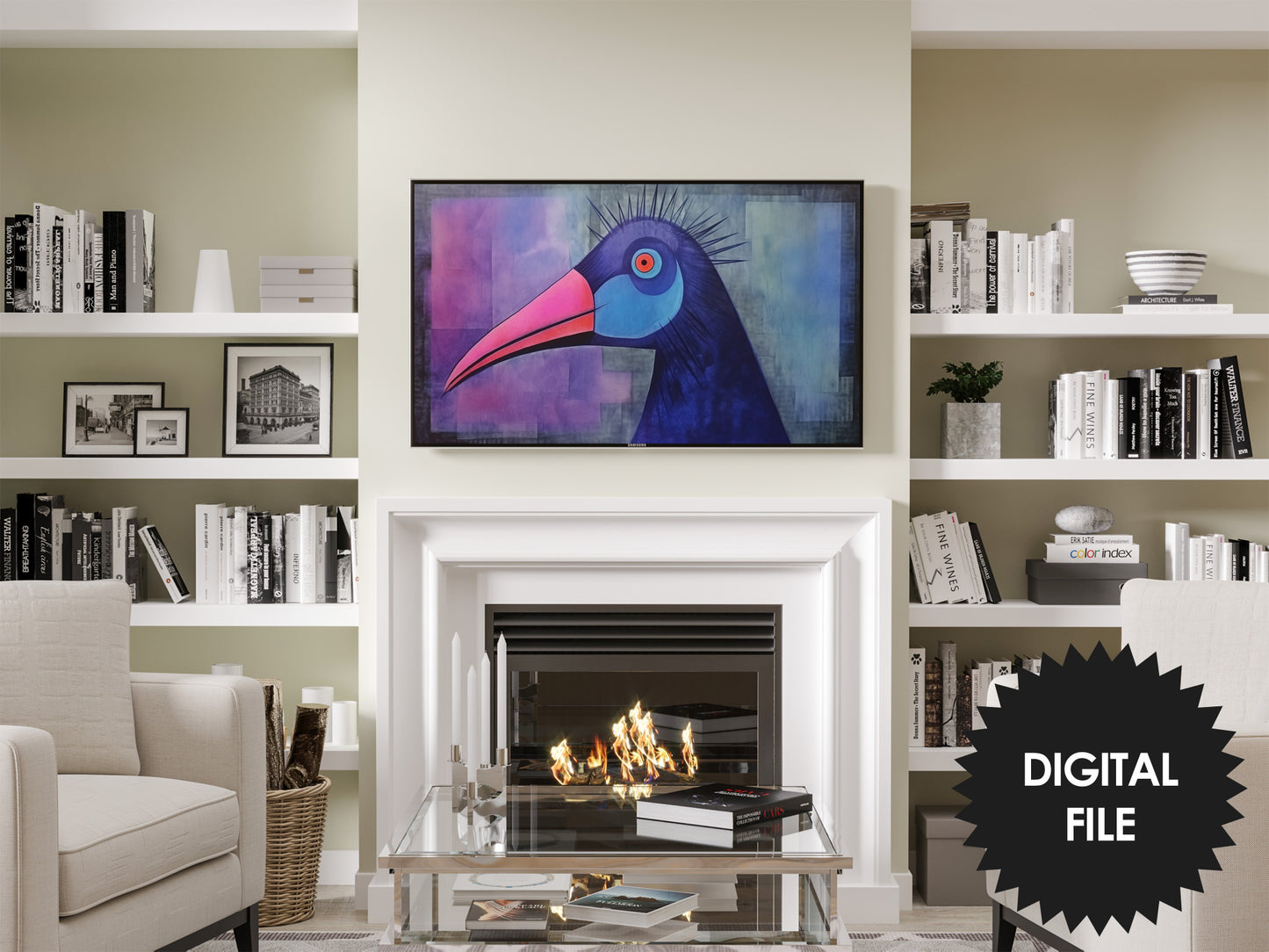 Frame TV Art, Abstract Blue Cassowary Art preview in modern living room