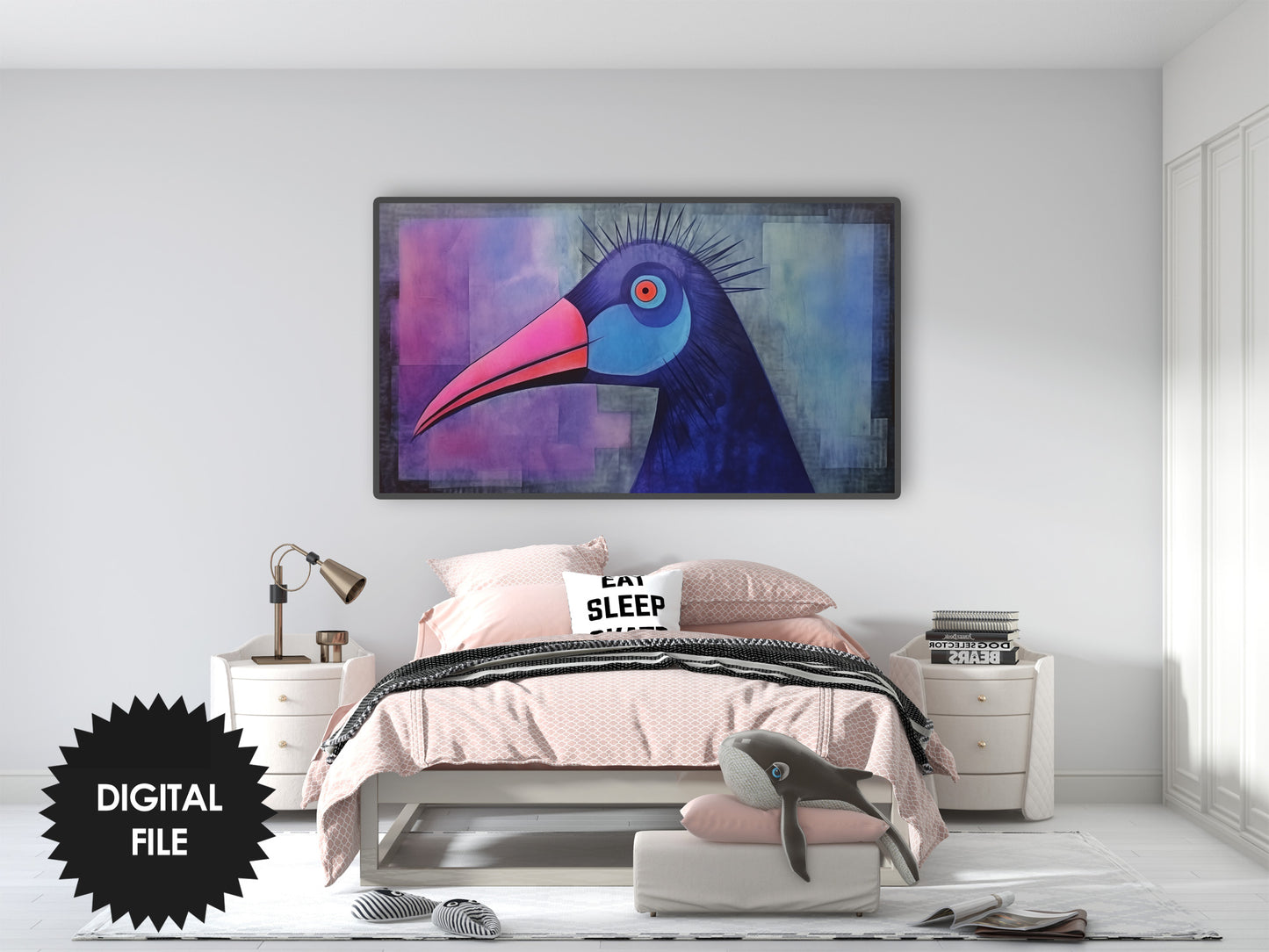 Frame TV Art, Abstract Blue Cassowary Art preview in modern bedroom
