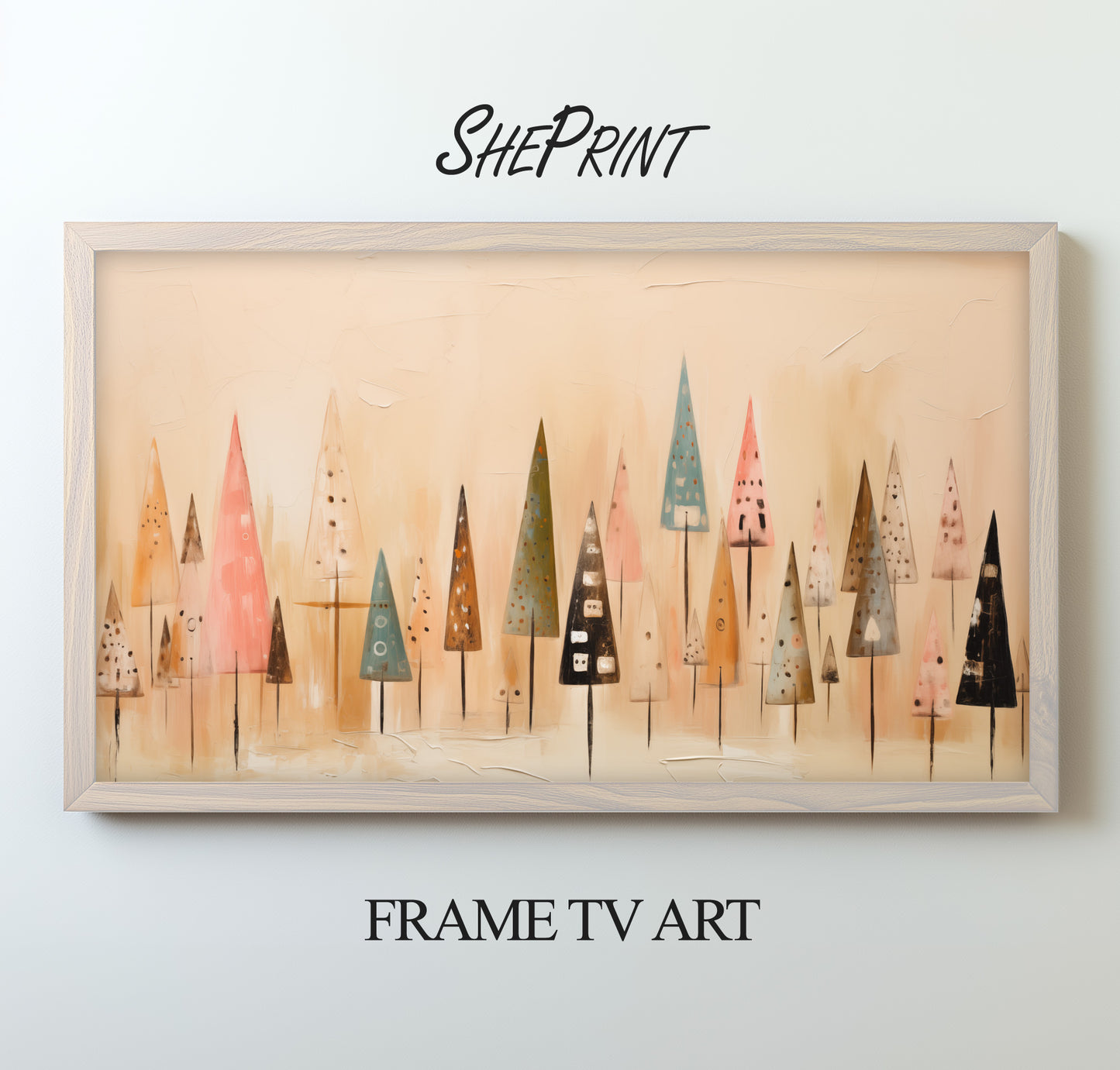 Christmas Trees Abstract Frame TV Art preview with light wooden frame