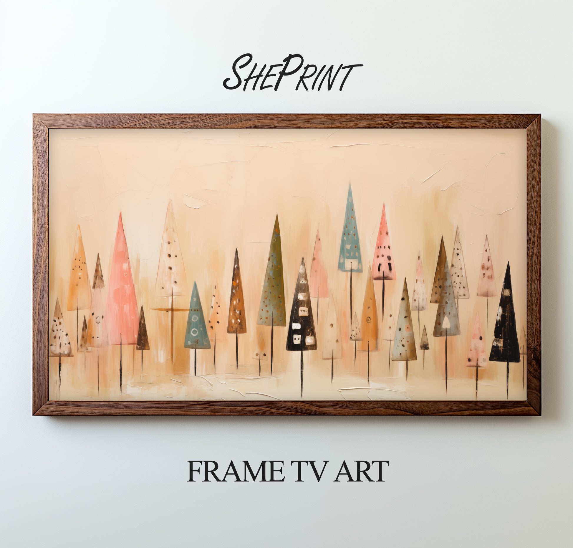 Christmas Trees Abstract Frame TV Art preview with dark wooden frame