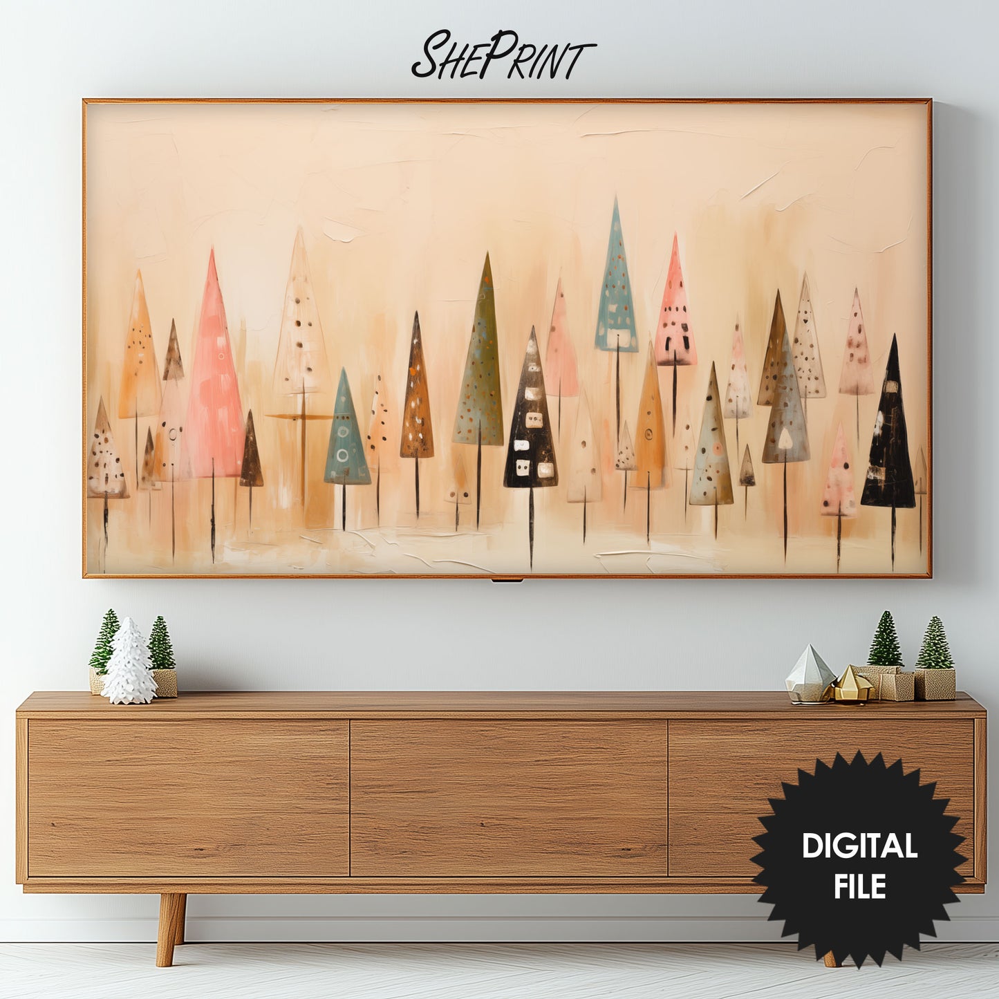 Christmas Trees Abstract Frame TV Art preview on screen in living room