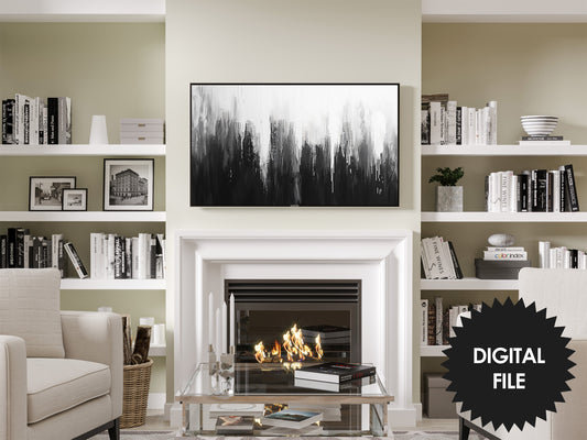 Frame TV Black and White Abstract Art, Dripping Paint preview on Samsung Frame TV in modern black and white living room