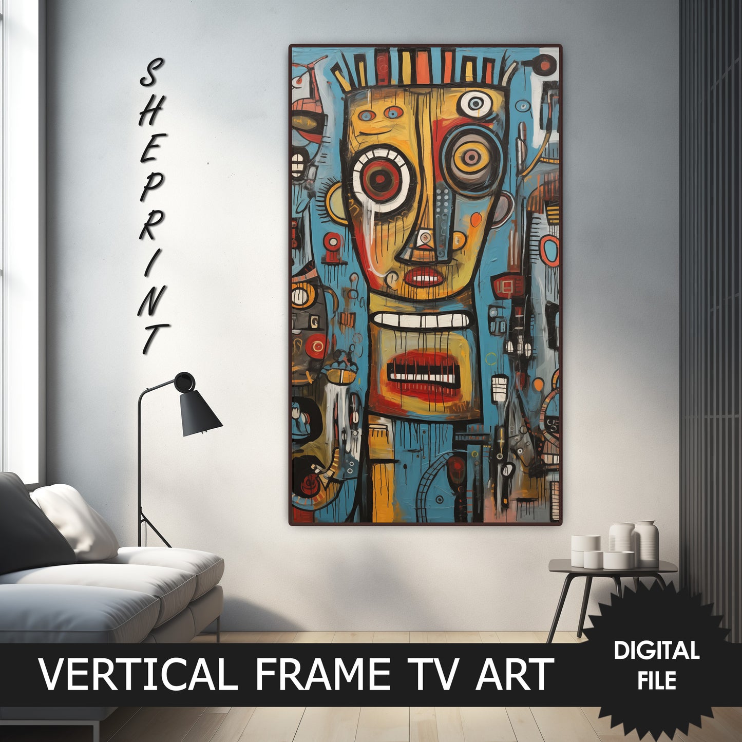 Vertical Frame TV Art, Abstract Face Art Brut Oil Painting, Outsider Art preview on Samsung Frame TV when mounted vertically