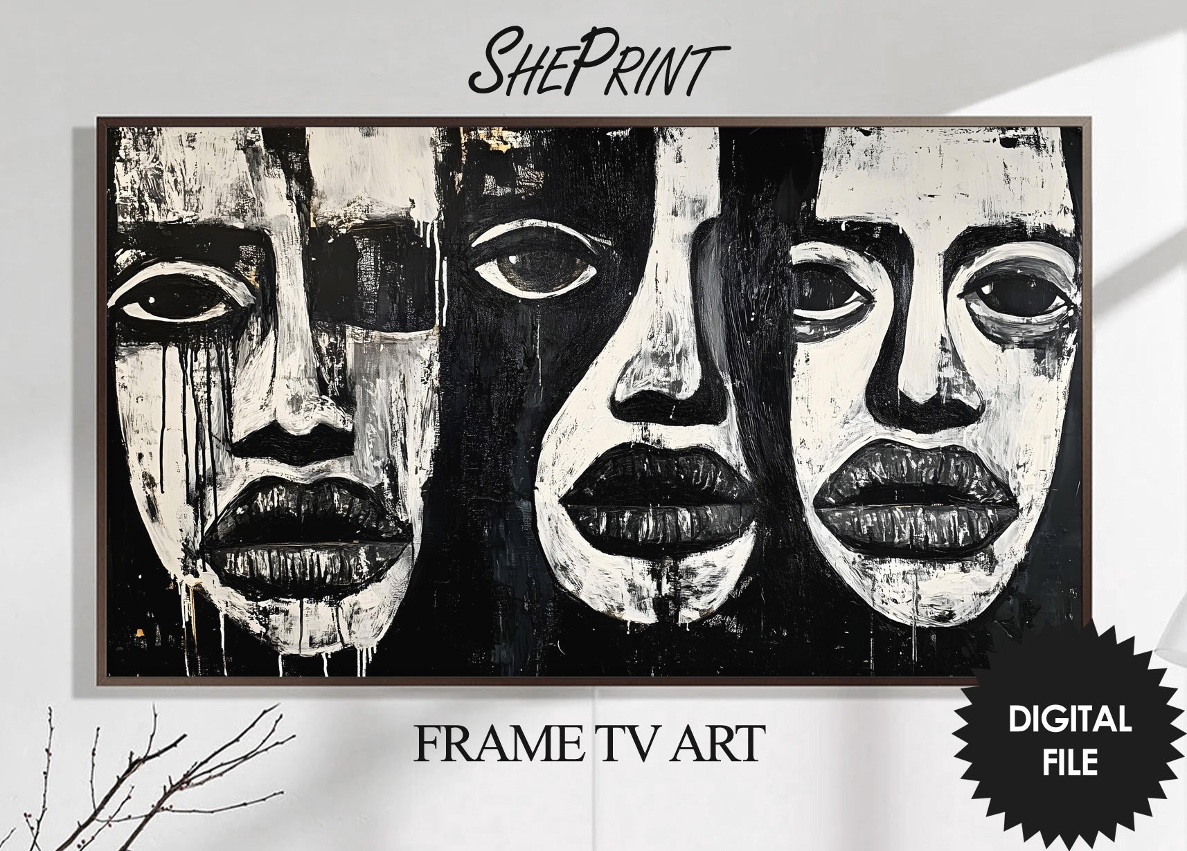 Frame TV Art, Faces Abstract Oil Painting, Black and White, Monochromatic preview