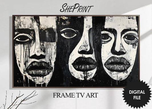 Frame TV Art, Faces Abstract Oil Painting, Black and White, Monochromatic preview