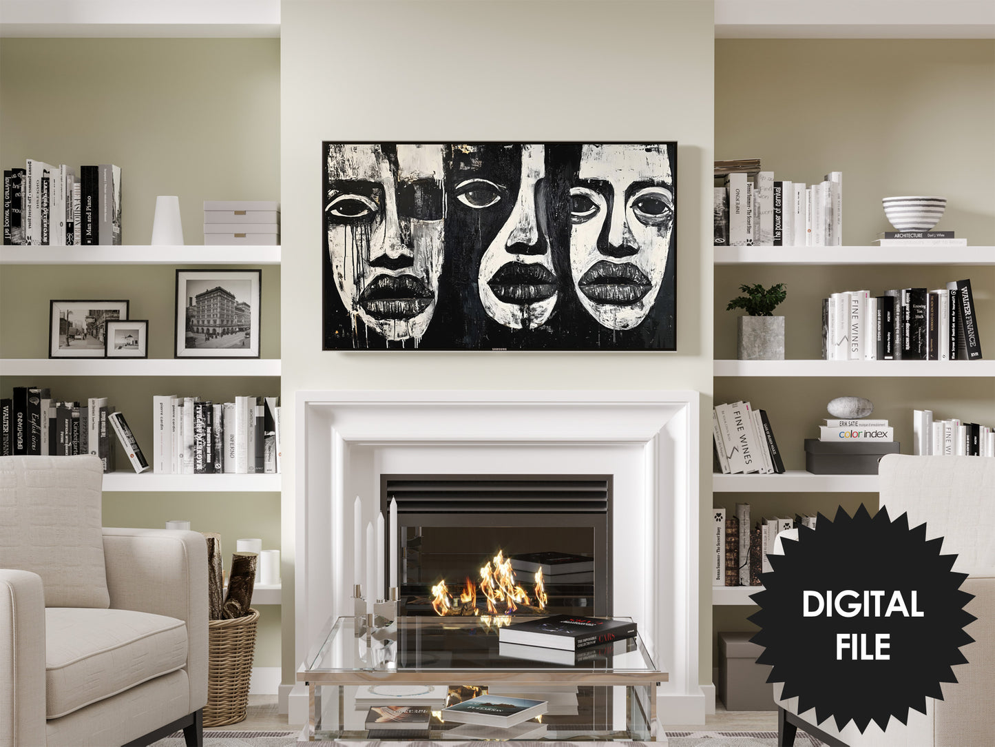 Frame TV Art, Faces Abstract Oil Painting, Black and White, Monochromatic preview in modern living room