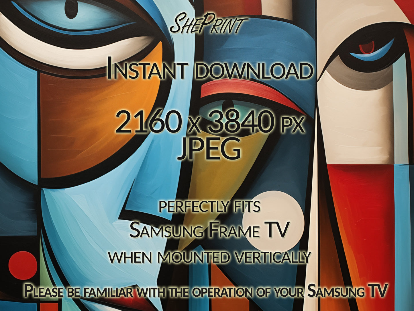 Vertical Frame TV Art, Colorful Abstract Faces, Digital TV Art, close up view