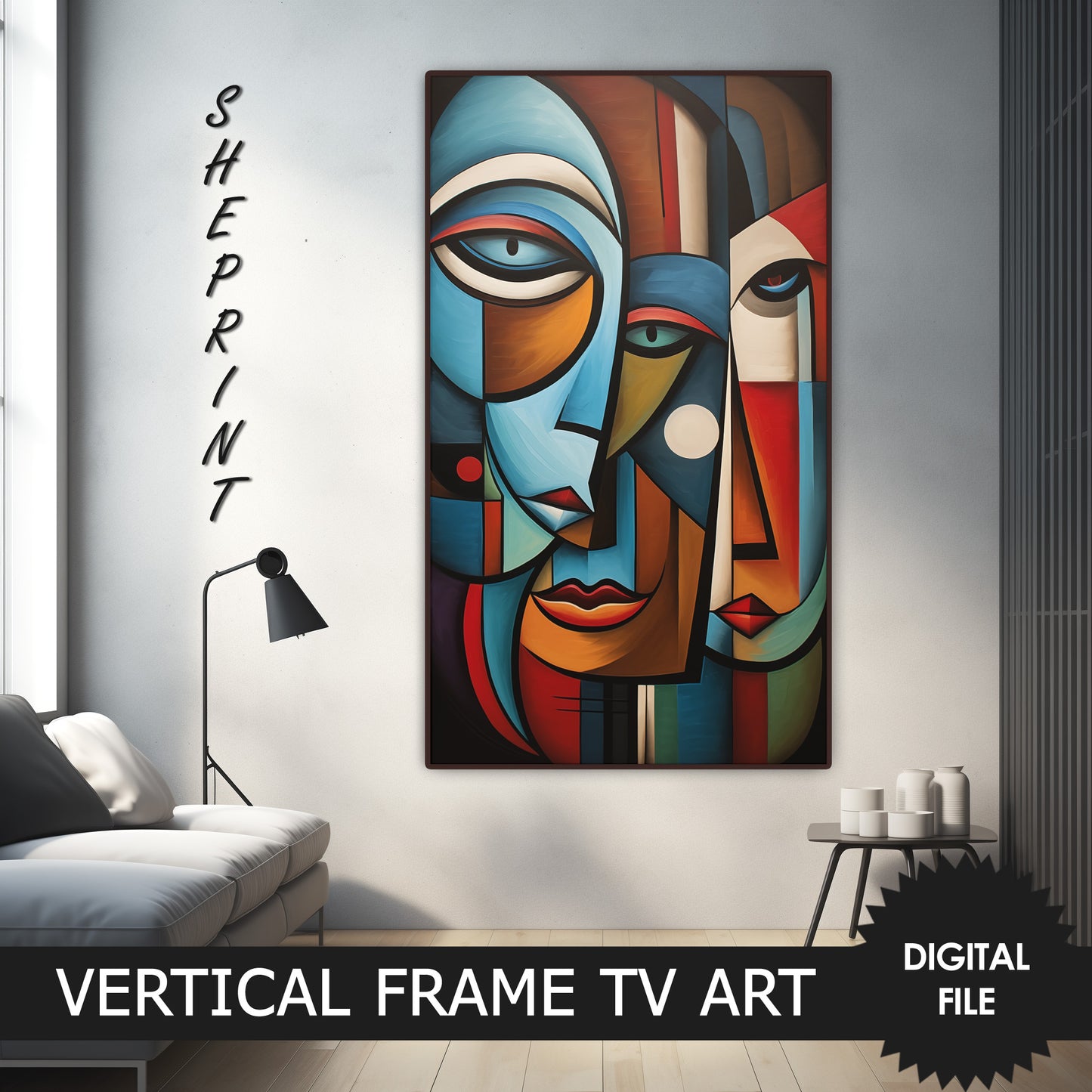 Vertical Frame TV Art, Colorful Abstract Faces, Digital TV Art, preview on Samsung Frame TV when mounted vertically