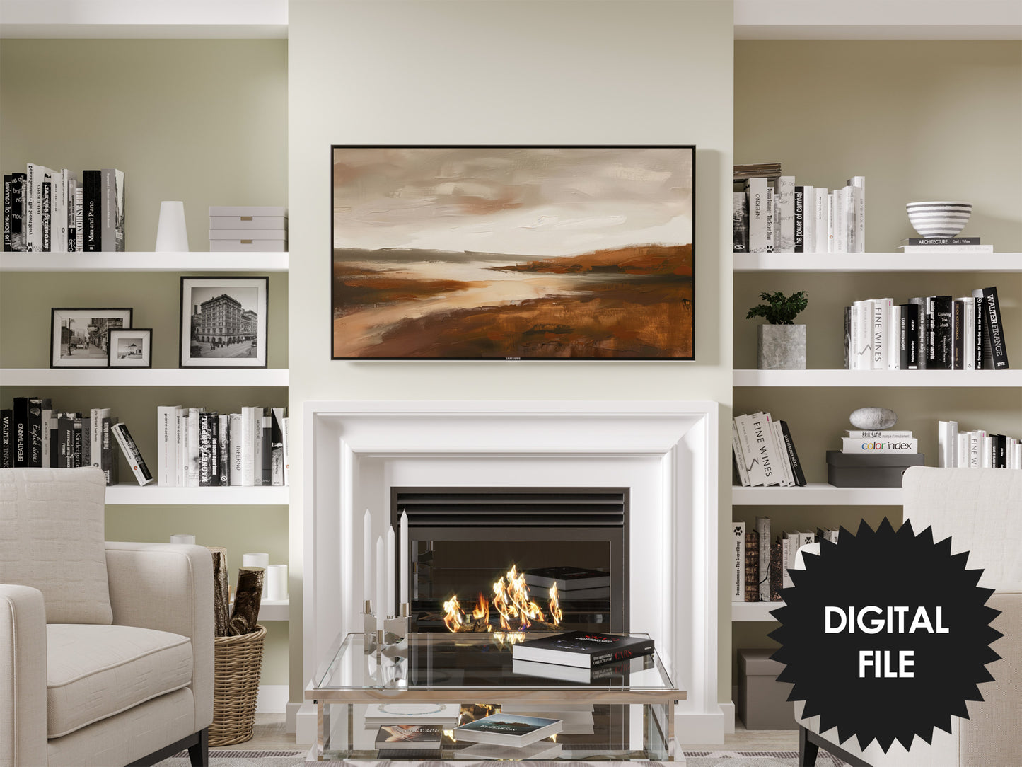 Earth Tones River Landscape Frame TV Art preview in modern living room