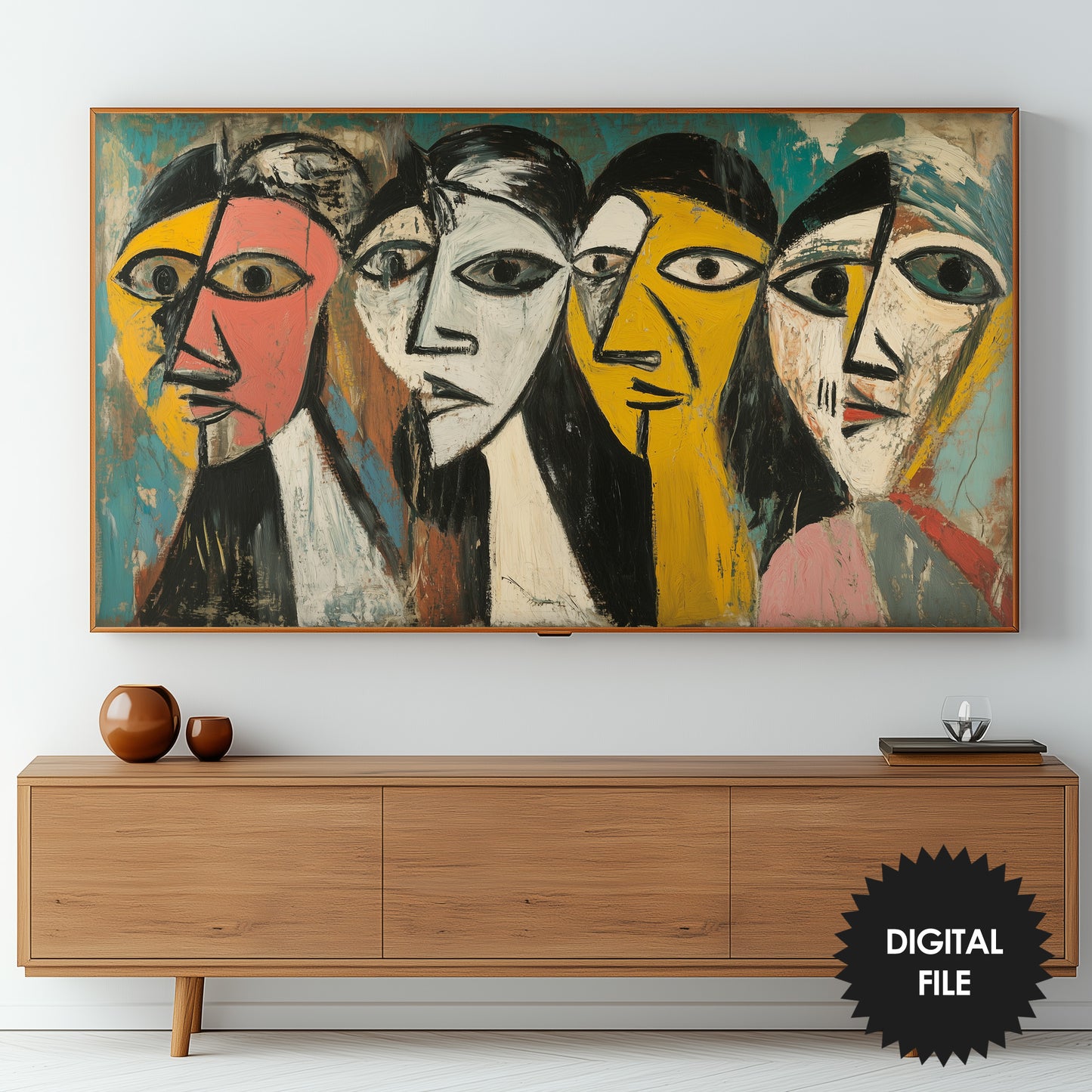 Cubist Women Samsung Frame TV Art | Abstract Oil Painting preview on Screen in living room