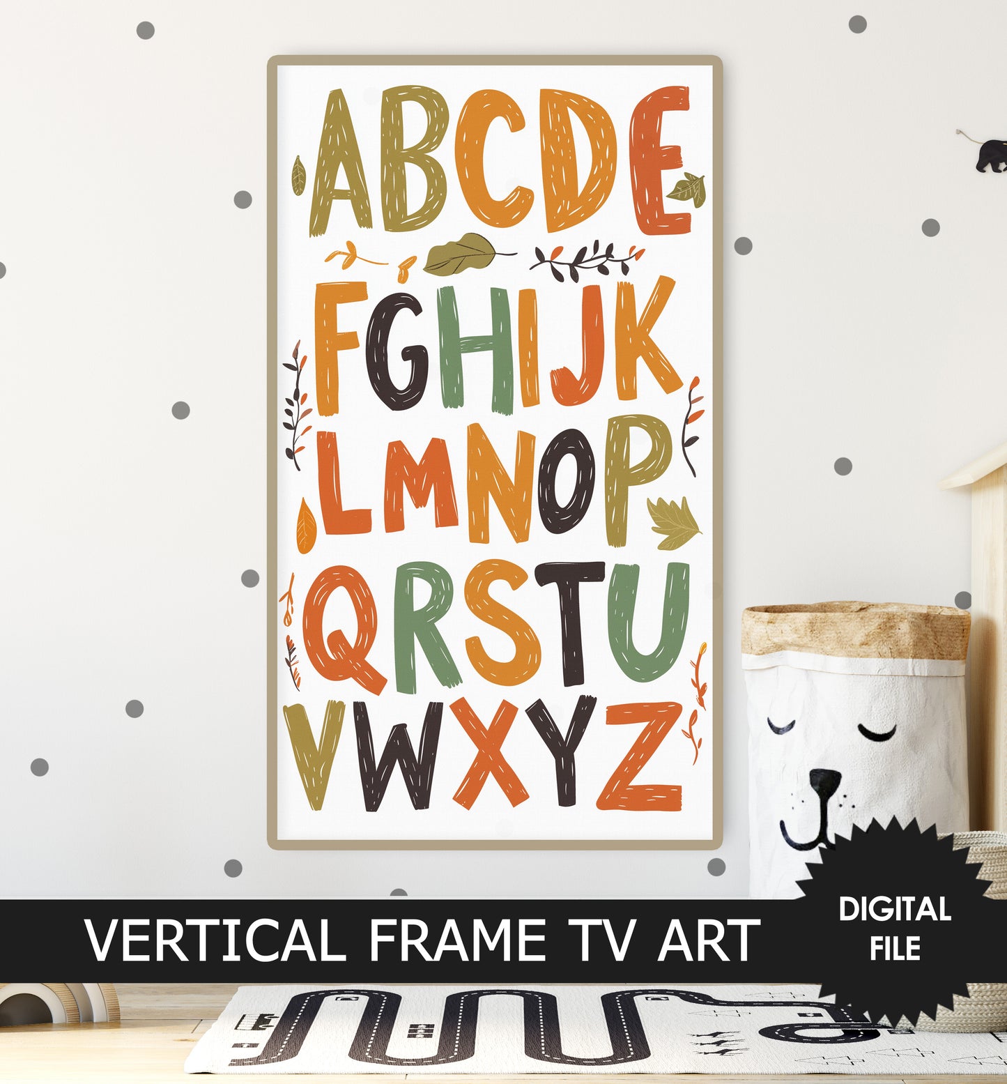 Vertical Frame TV Art For Kids, Alphabet, Scandinavian Style