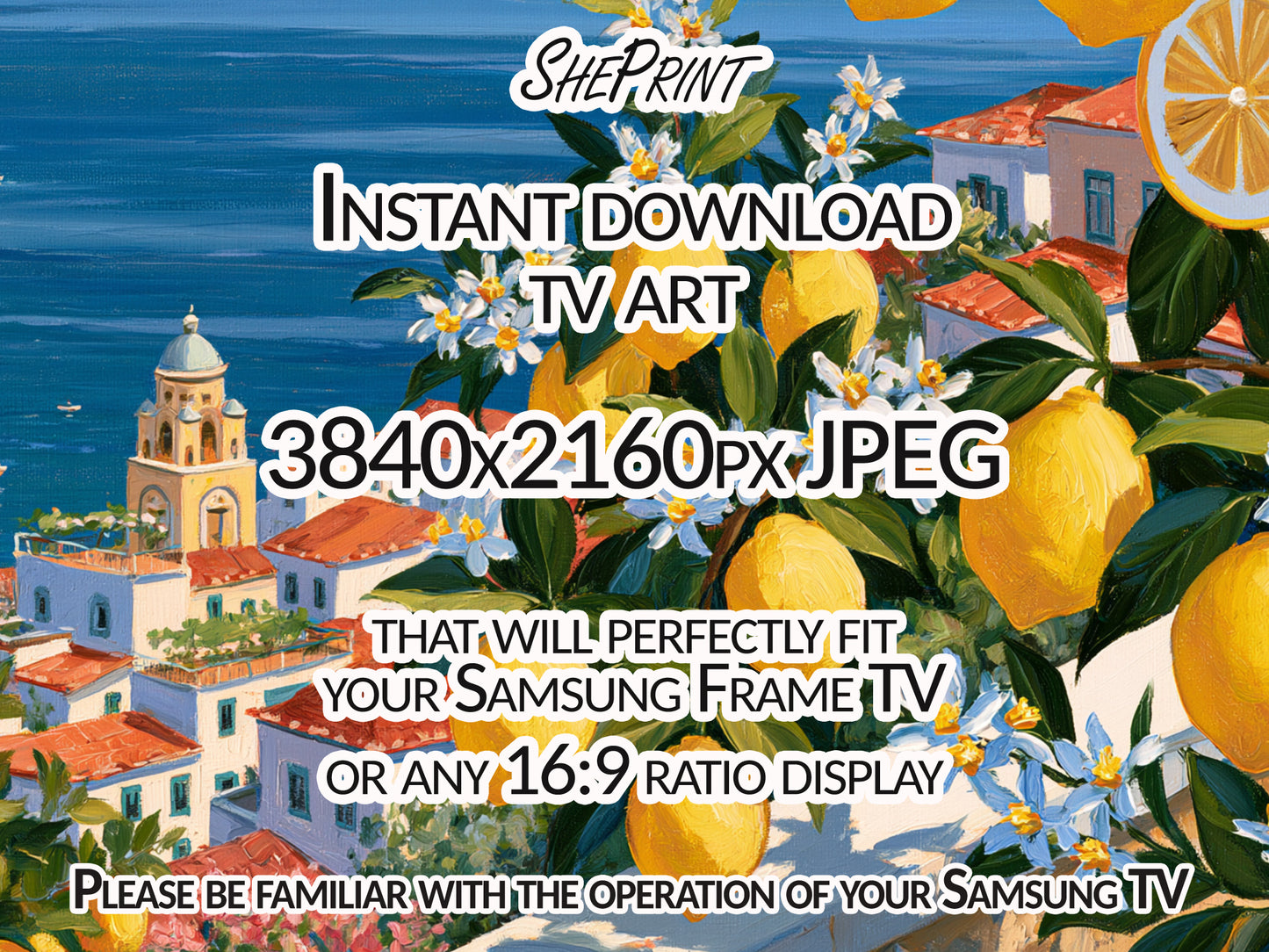 Amalfi Coast Lemons Frame TV Art | Summer Seascape | 3840x2160 pixels JPEG | Digital TV Art | Instant Download close up view