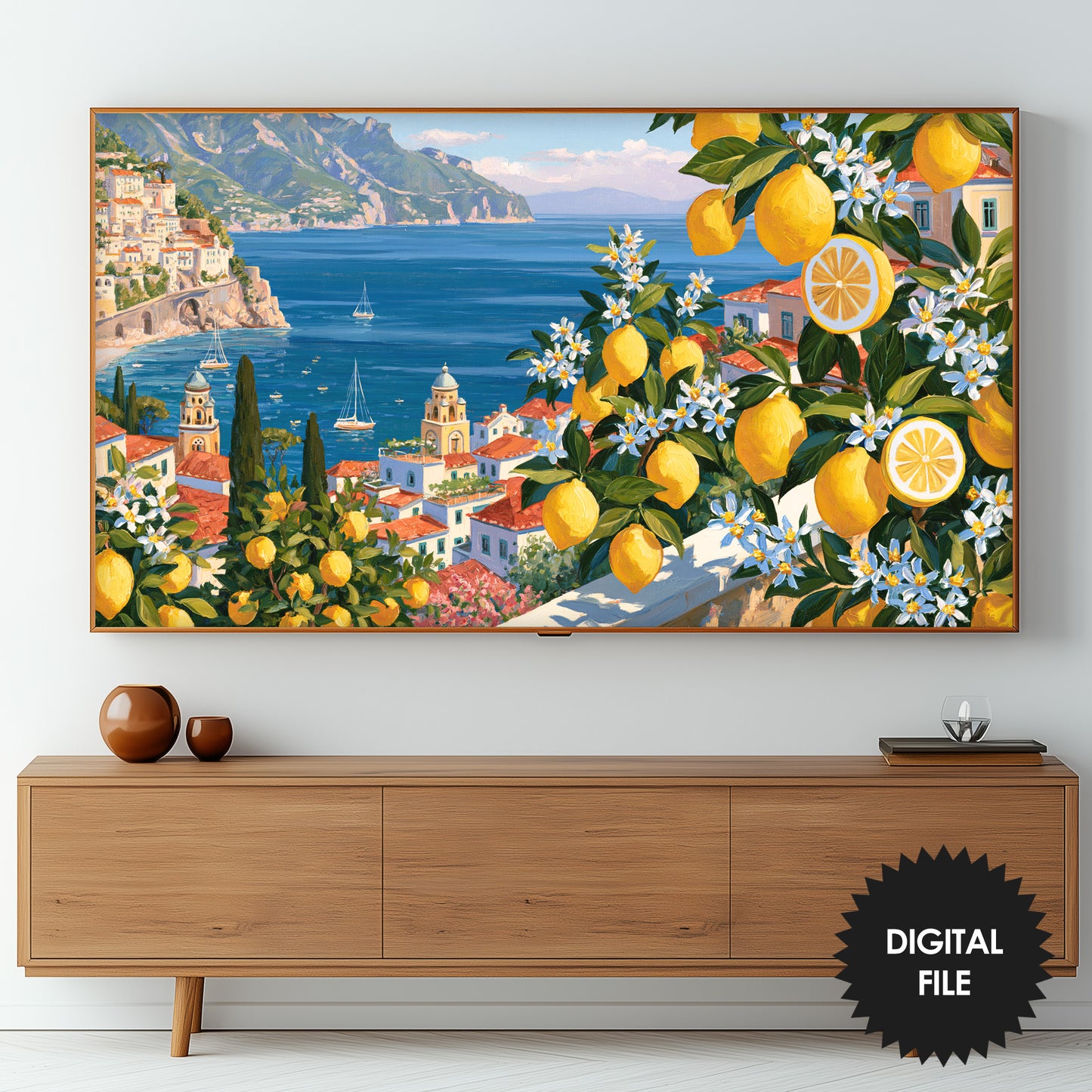 Amalfi Coast Lemons Frame TV Art | Summer Seascape | 3840x2160 pixels JPEG | Digital TV Art | Instant Download preview in living room