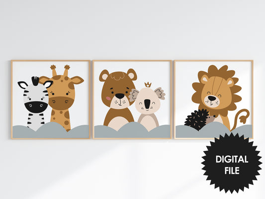 Cute Animals Prints For Kids, Set of 3, Kids Room Wall Art, Nursery Wall Art, Instant Download
