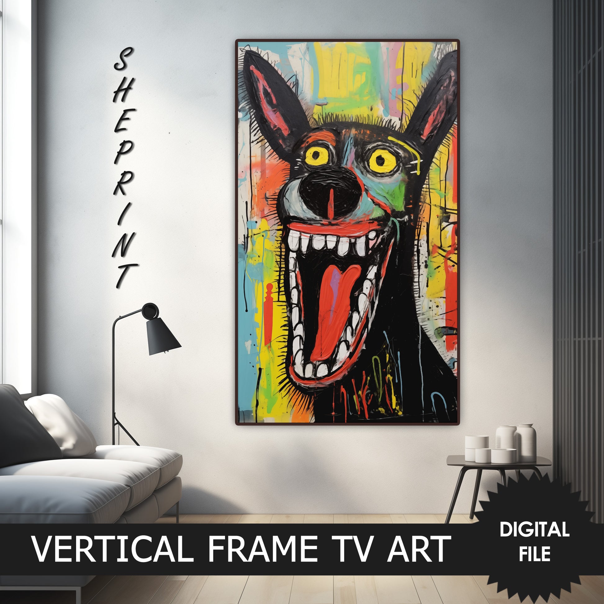 Vertical Frame TV Art, Barking Dog, Raw Art Brut Oil Painting, preview on Samsung Frame TV when mounted vertically