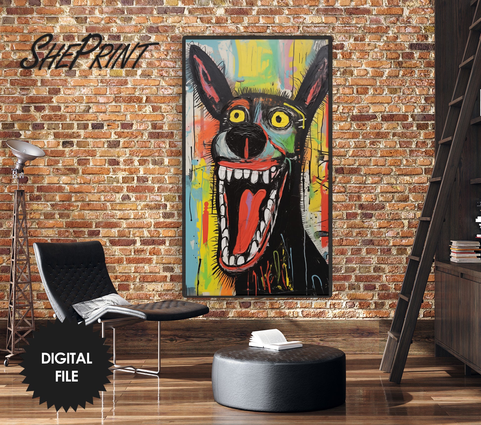 Vertical Frame TV Art, Barking Dog, Raw Art Brut Oil Painting, preview in industrial ambience.