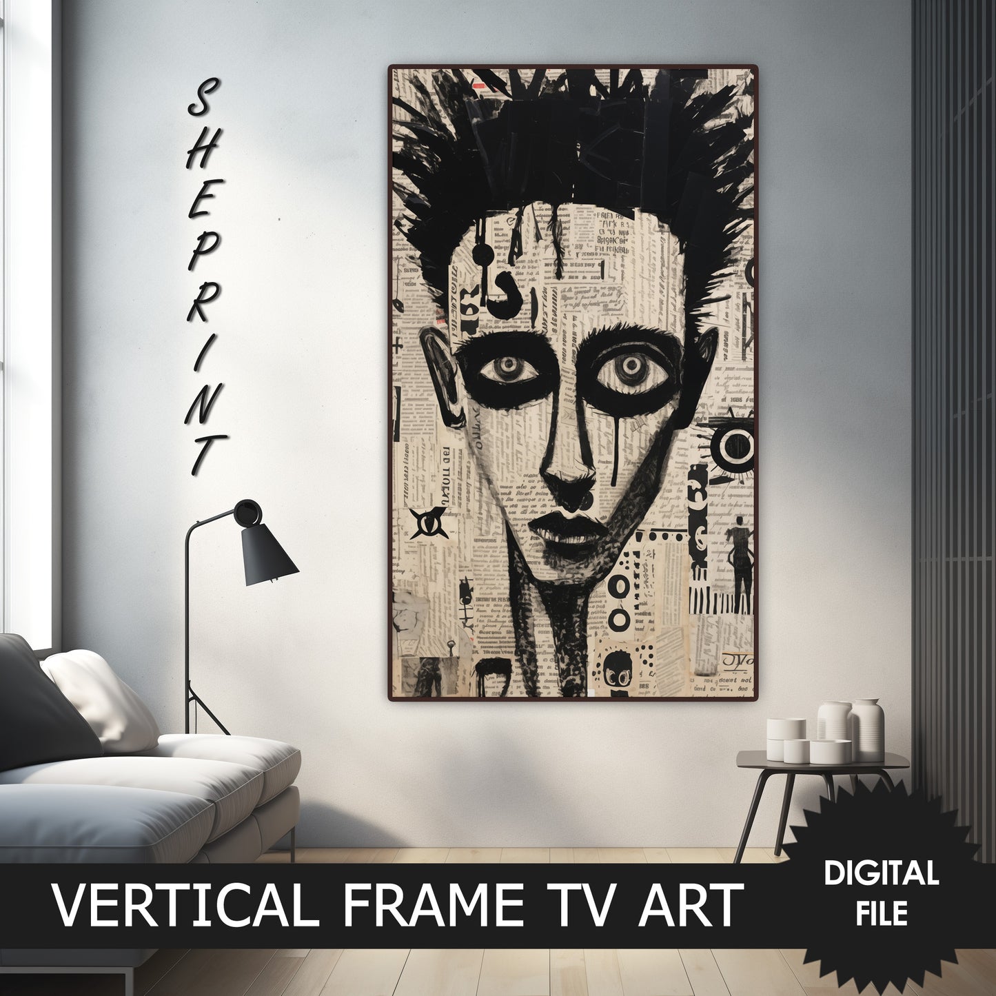 Vertical Frame TV Art, Raw Art Brut Collage Face, Outsider Art preview on Samsung Frame Tv when mounted vertically