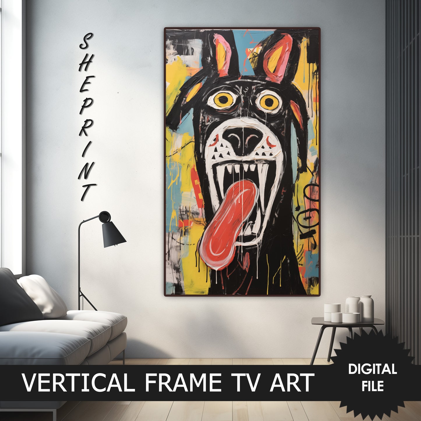 Vertical Frame TV Art, Happy Dog, Outsider Art, Raw Art Brut Oil Painting preview on samsung frame tv when mounted vertically