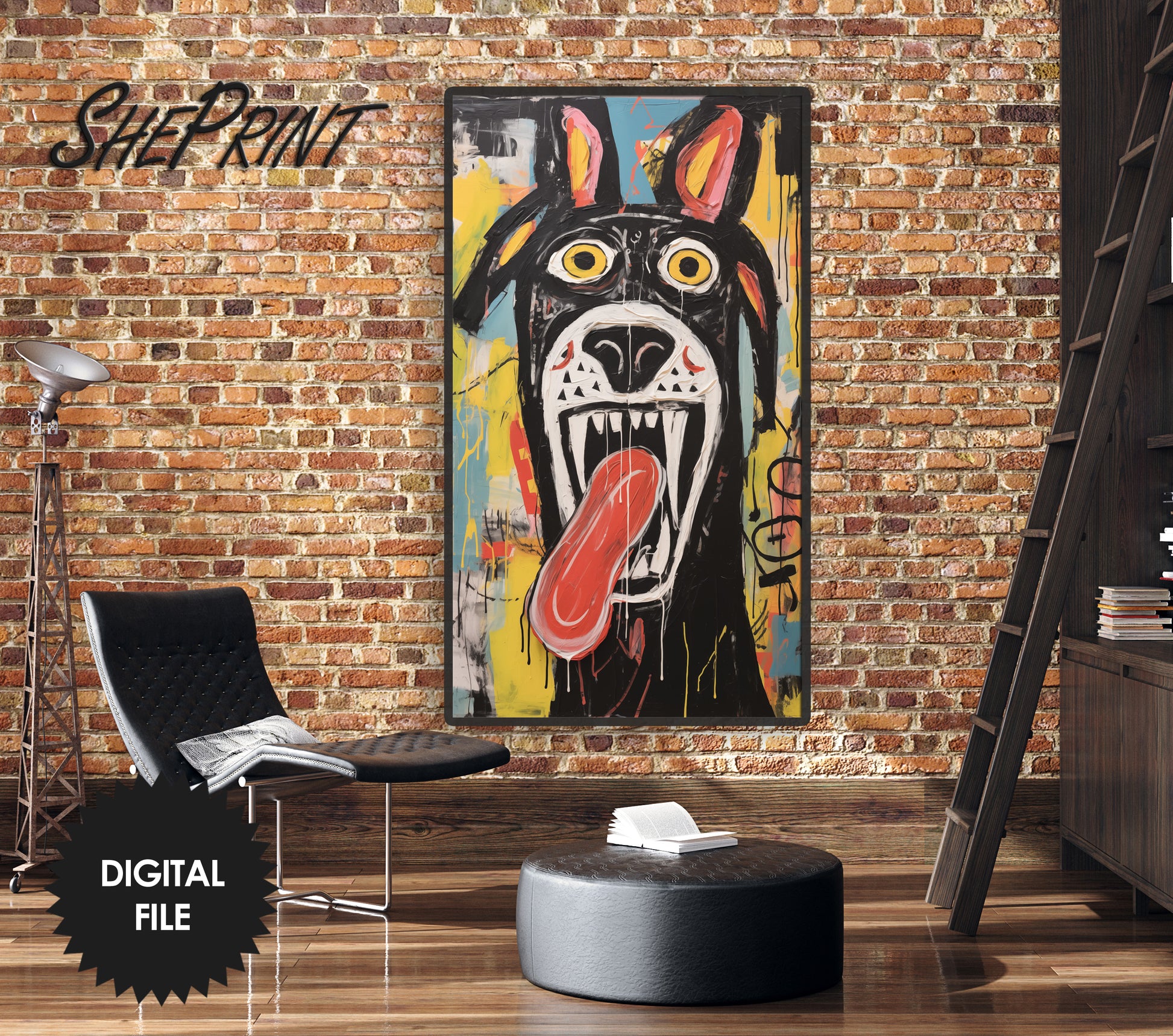 Vertical Frame TV Art, Happy Dog, Outsider Art, Raw Art Brut Oil Painting preview in industrial designed ambience