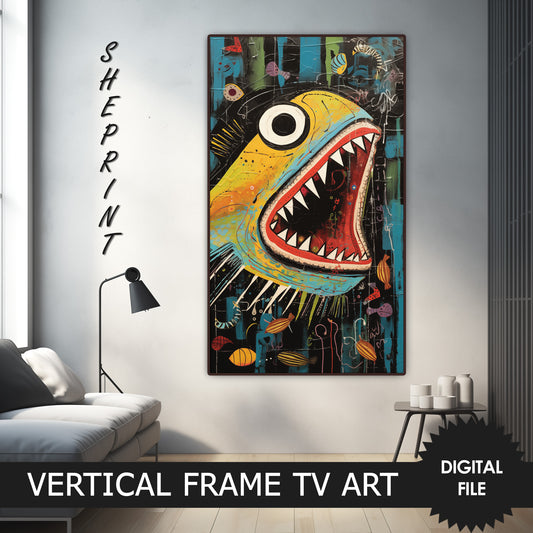 Vertical Frame TV Art, Fish, Raw Art Brut Oil Painting, Outsider Art preview on Samsung Frame TV when mounted vertically