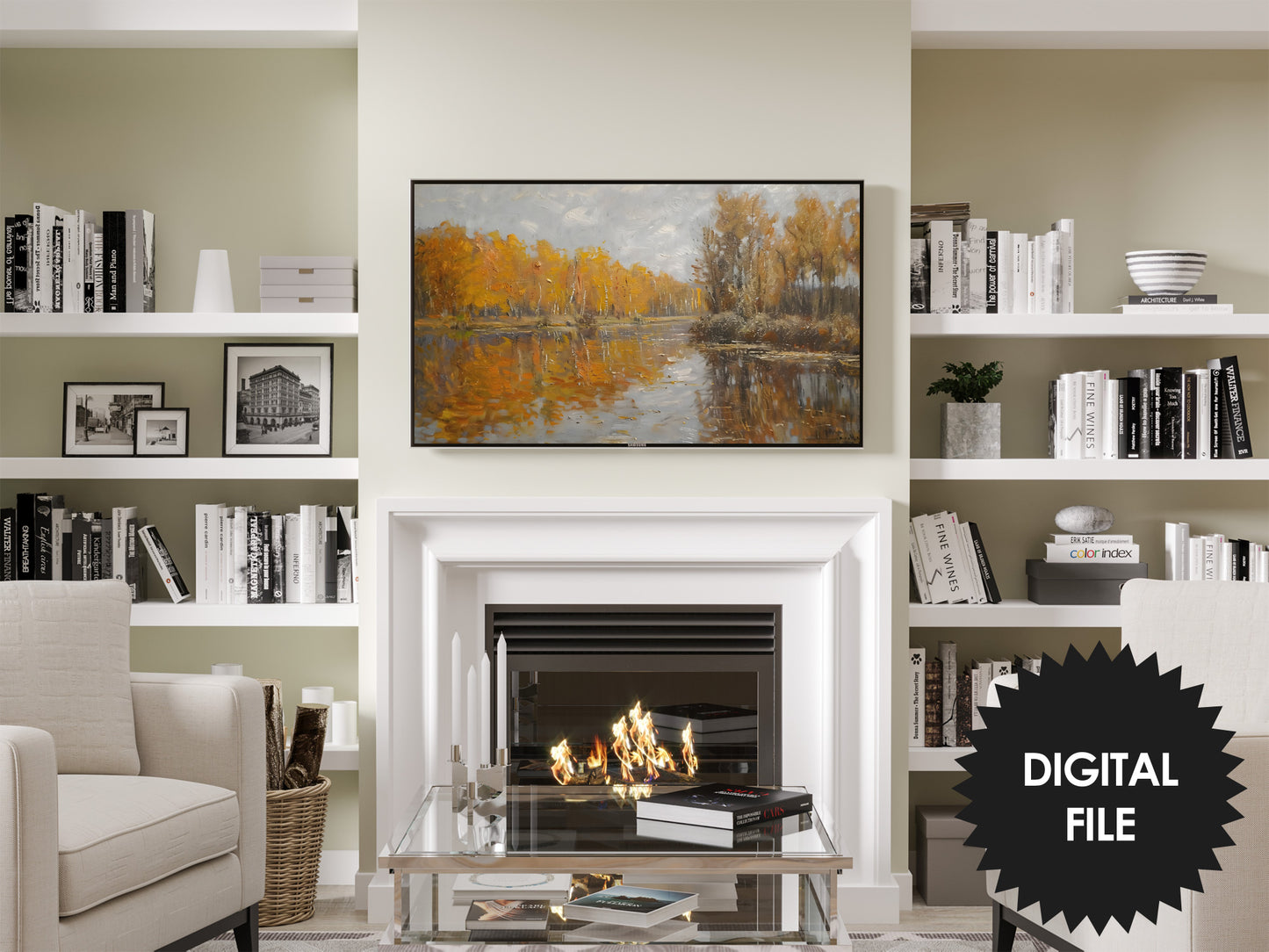 Samsung Frame TV Art | Autumn Day By The River preview in modern living room