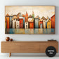 Samsung Frame TV Art | Autumn Town Cubist Abstract Art preview in living room