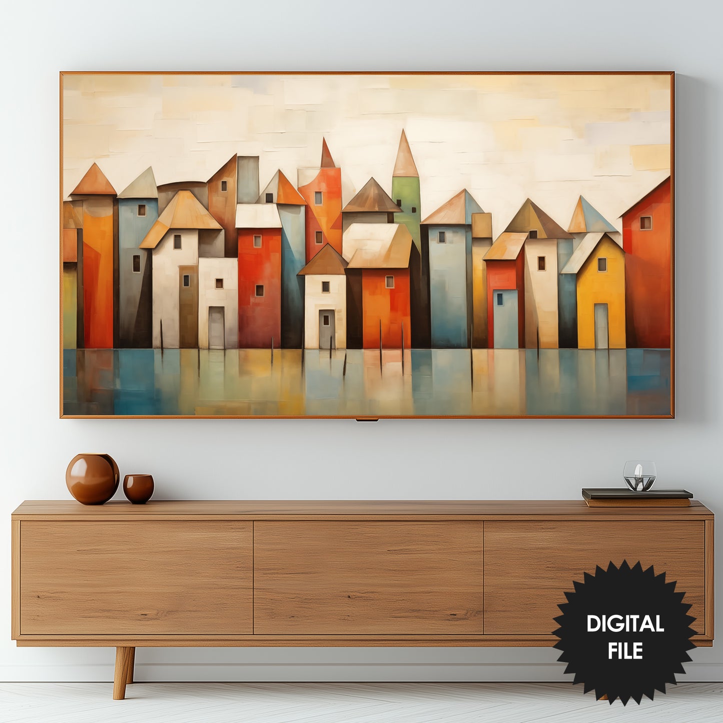 Samsung Frame TV Art | Autumn Town Cubist Abstract Art preview in living room
