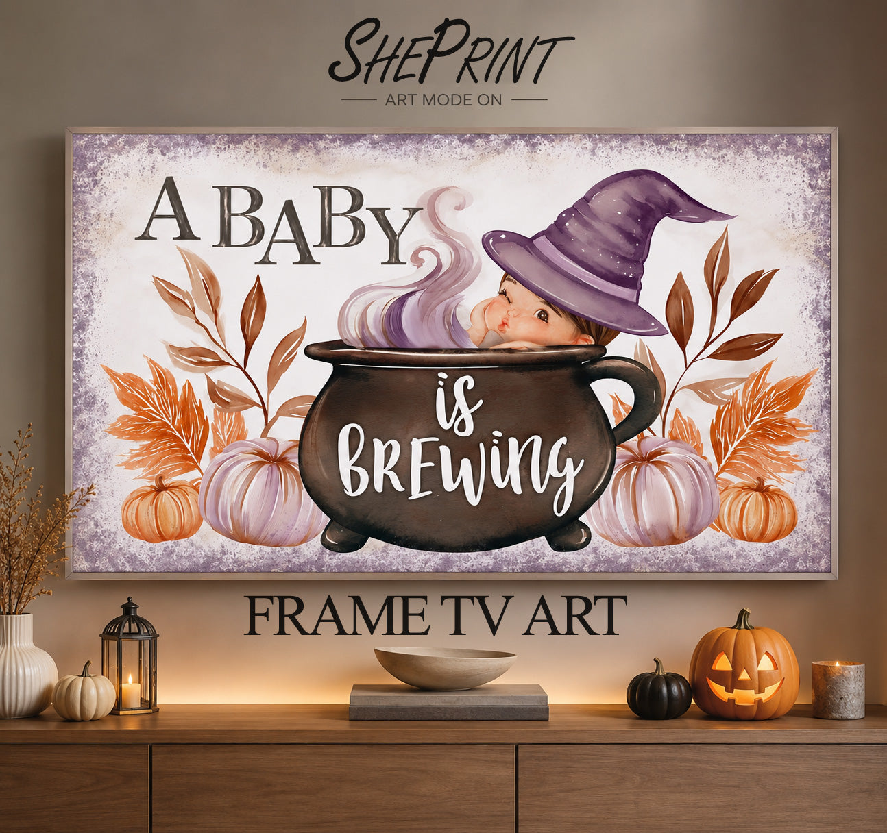Baby Shower TV Display | "A Baby Is Brewing" Halloween Theme | Digital Download preview in living room