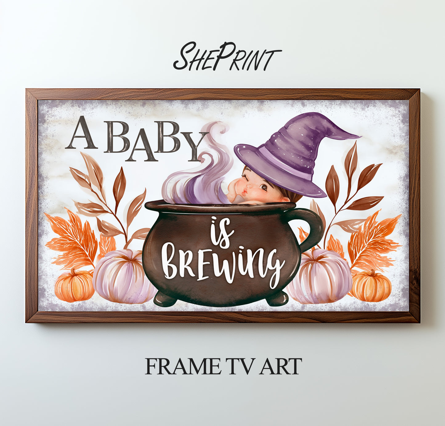 Baby Shower TV Display | "A Baby Is Brewing" Halloween Theme | Digital Download preview with dark wood TV frame