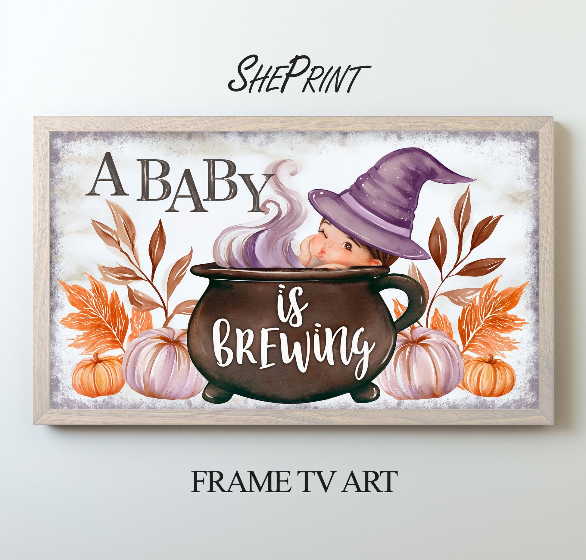 Baby Shower TV Display | "A Baby Is Brewing" Halloween Theme | Digital Download preview with light wood TV frame