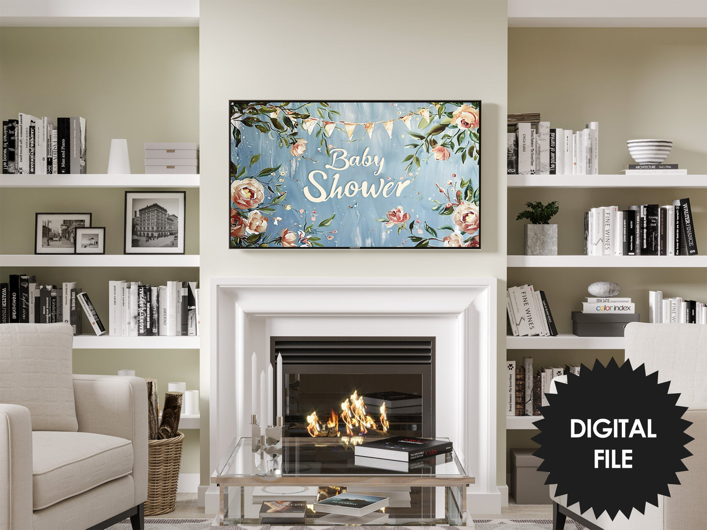 Baby Shower Frame TV Art | Welcome Baby Floral TV Display  preview on wall in modern living room
