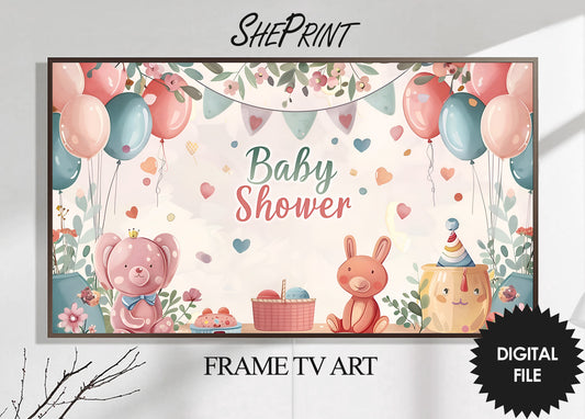 Baby Shower Frame TV Art | Soft Peachy Tones Baby Shower Party Decor preview on Frame Tv