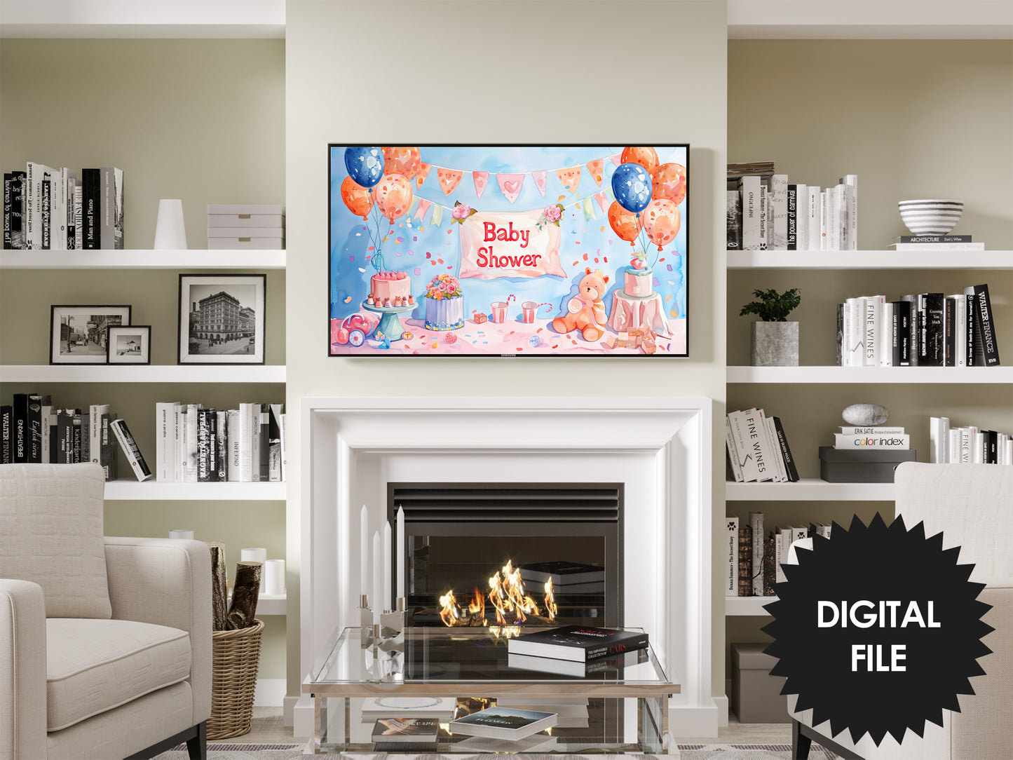 Baby Shower Frame TV Art | Gender Neutral Pink Blue Baby Shower Party Decor preview on wall in living room