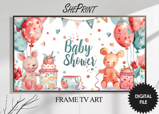 Baby Shower Frame TV Art | Gender Neutral Green-Blue And Soft Red Watercolor Baby Shower Party Decor, preview on Samsung Frame Tv