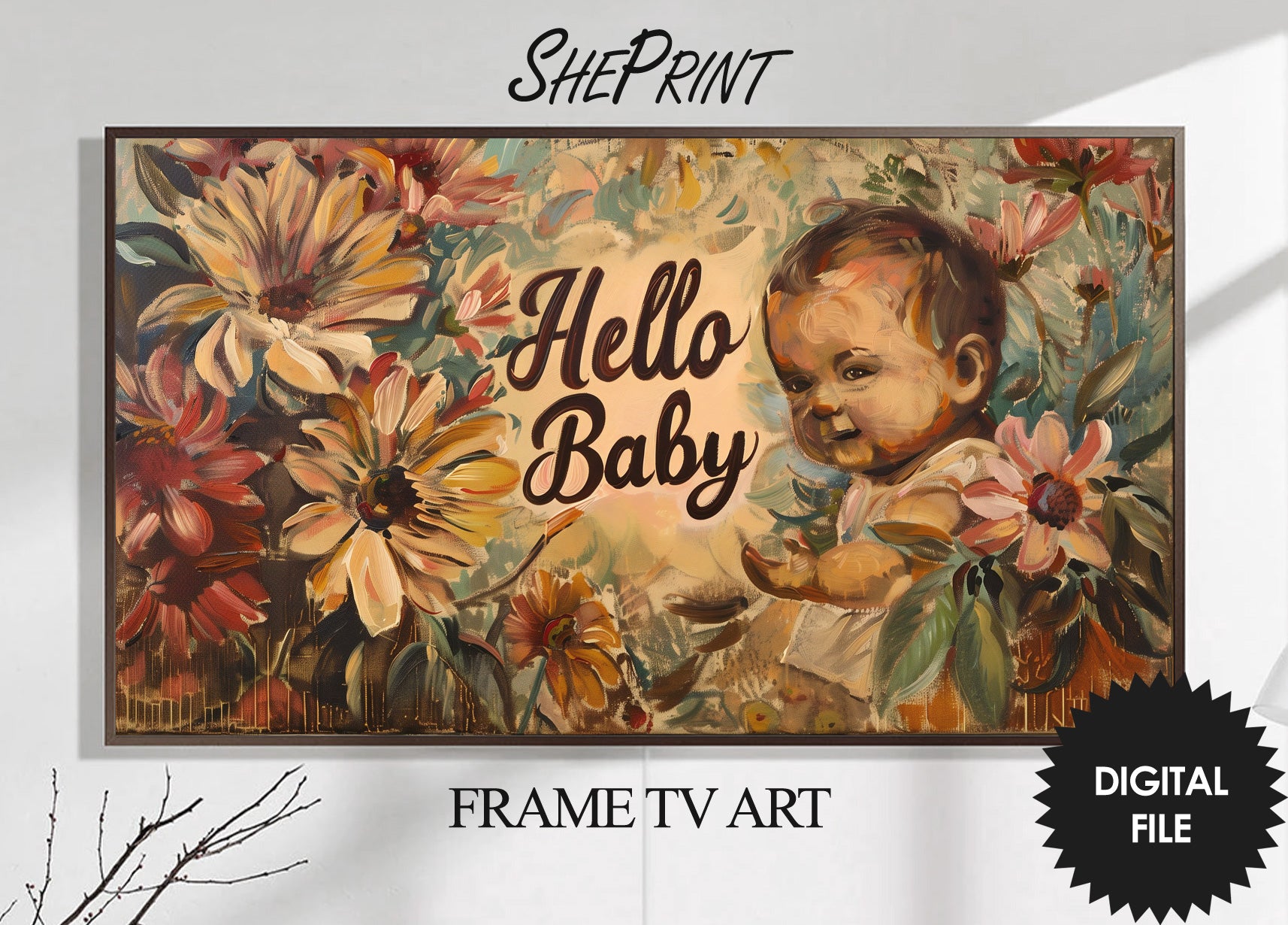 Baby Shower Vintage Frame TV Art | Hello Baby Floral TV Display preview