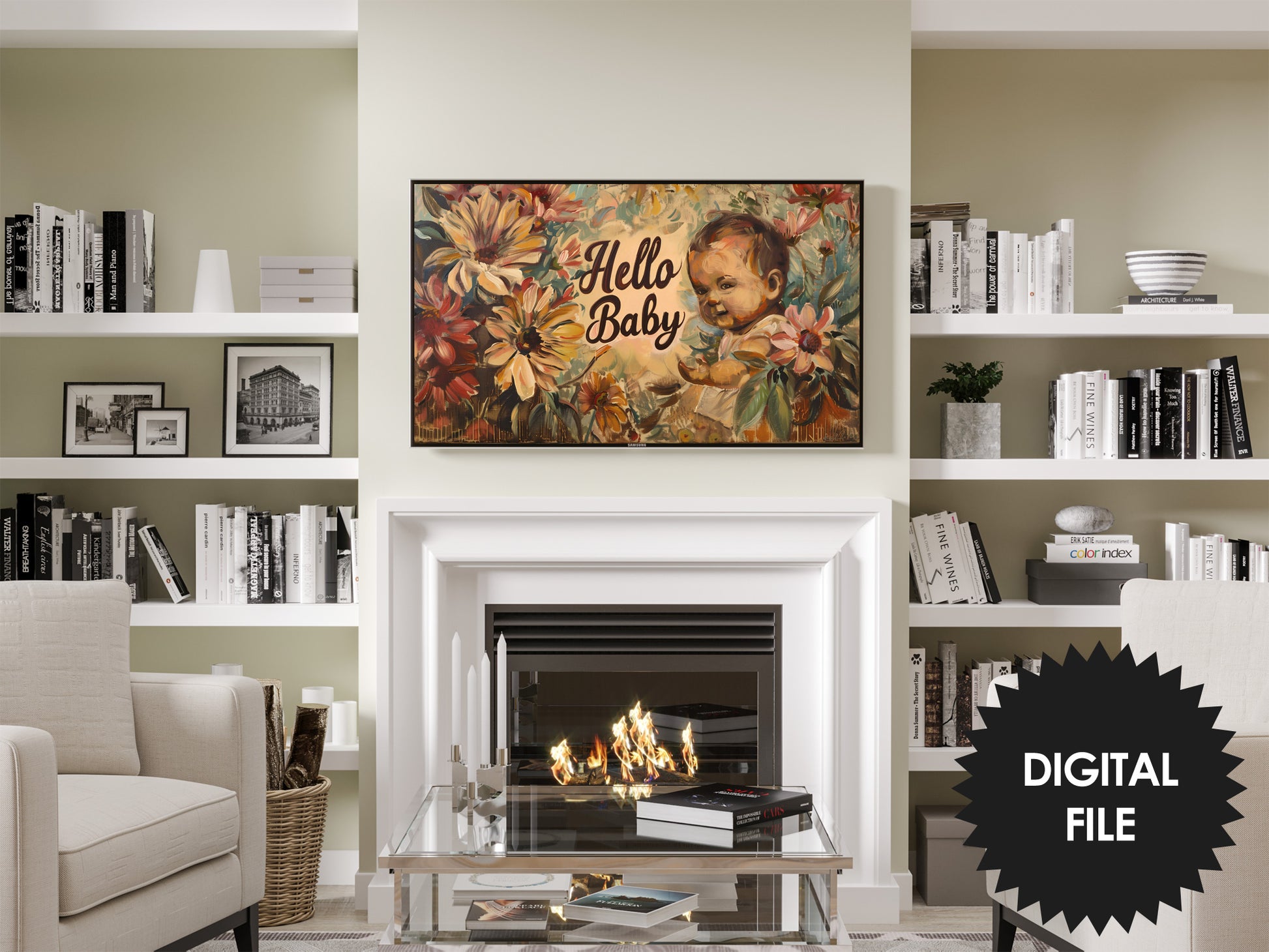 Baby Shower Vintage Frame TV Art | Hello Baby Floral TV Display  preview in modern living room