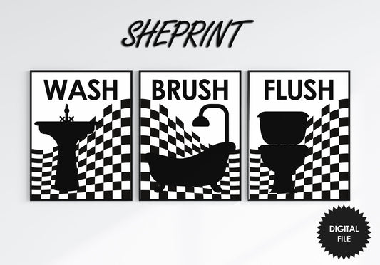 Bathroom Wall Art Set of 3, Flush the Toilet Sign Print, Black & White 17x22 In Posters, Instant Download Image