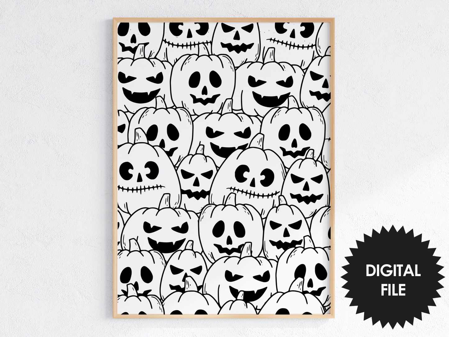 Halloween Wall Print Pumpkins, Kids Room Wall Print, Black & White, 17x22 Inch Coloring Poster, Instant Download PNG, Kids Halloween Poster